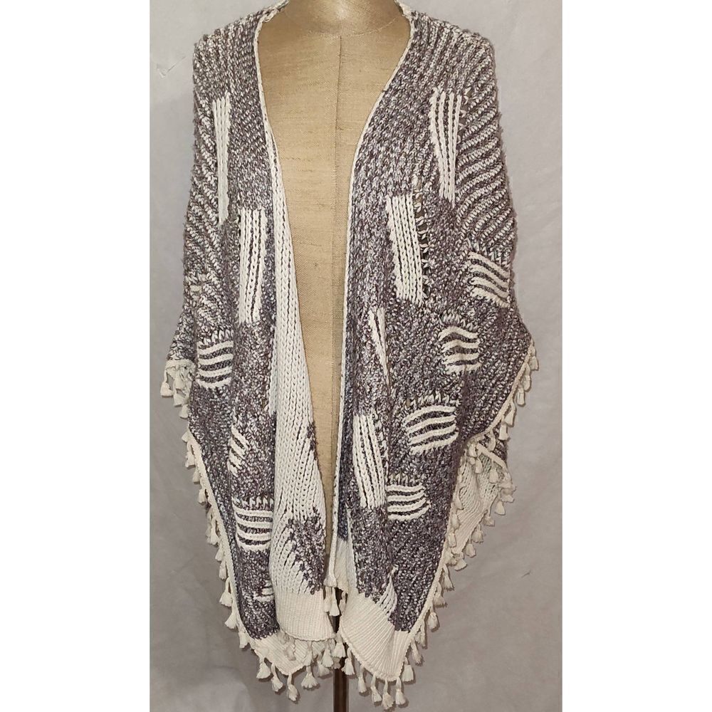 by Anthropologie Womens Shawl Poncho Knit White Brown One Size